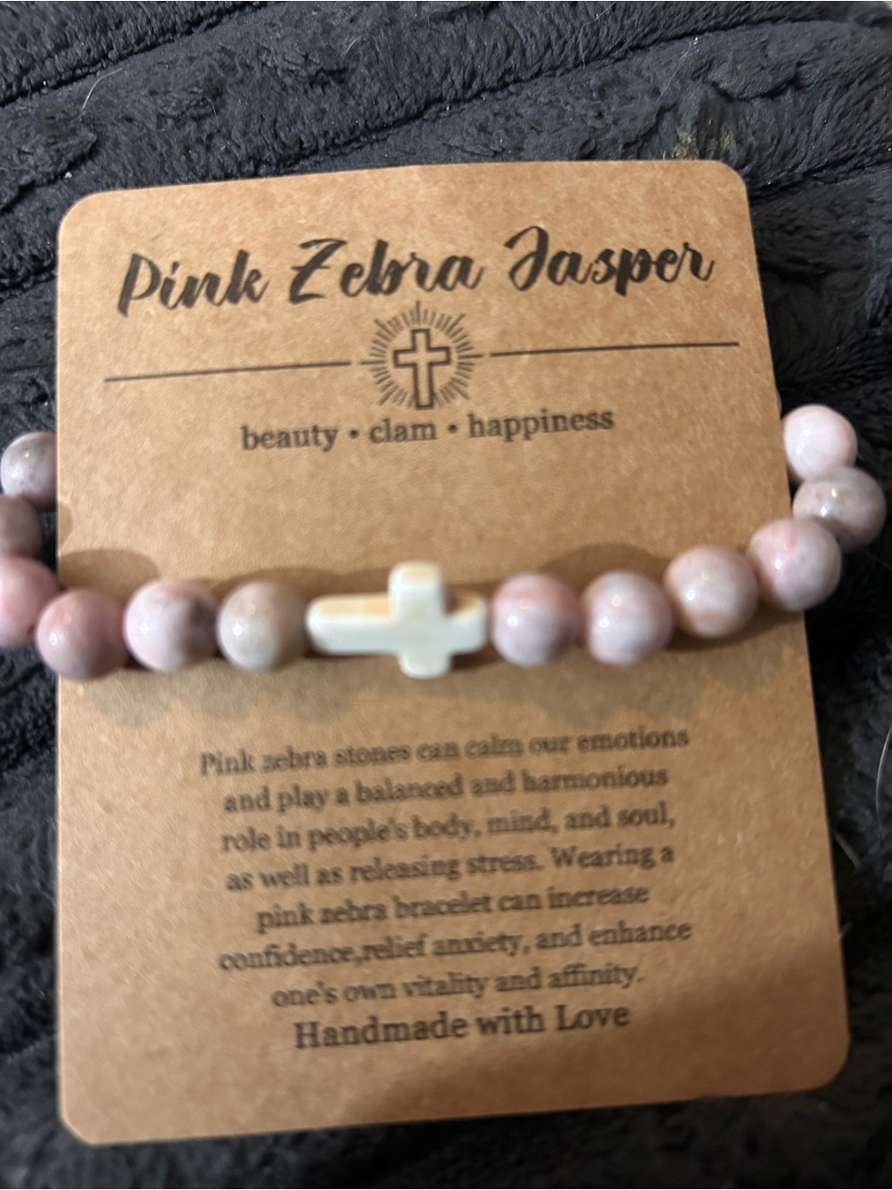 Pink Zebra Pink Jasper Bead Bracelet with White Cross Accent